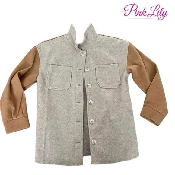 Pink Lily Tops - PINK LILY Shacket Pocketed Colorblock Shacket - Taupe/ Rust Size Medium